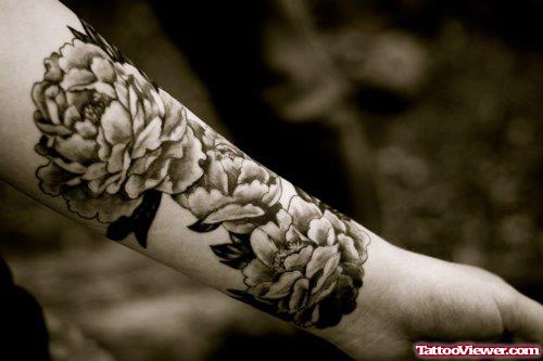Grey Ink Flowers Women Left Forearm Tattoo