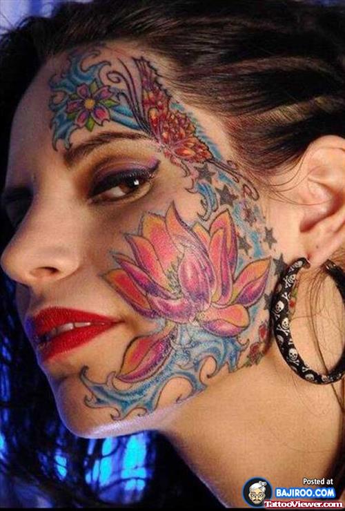 Lotus Flower And Butterfly Tattoo On Face For Women
