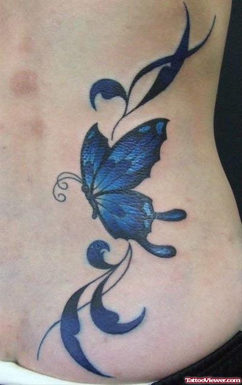 Blue Ink Butterfly Women Side Rib Tattoo