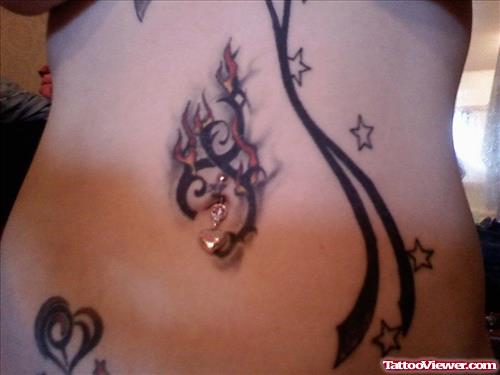 Flaming Tribal And Stars Tattoos On Belly For Women