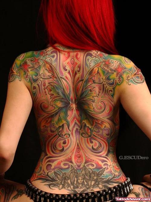 Colored Flowers And Butterfly Women Back Body Tattoo
