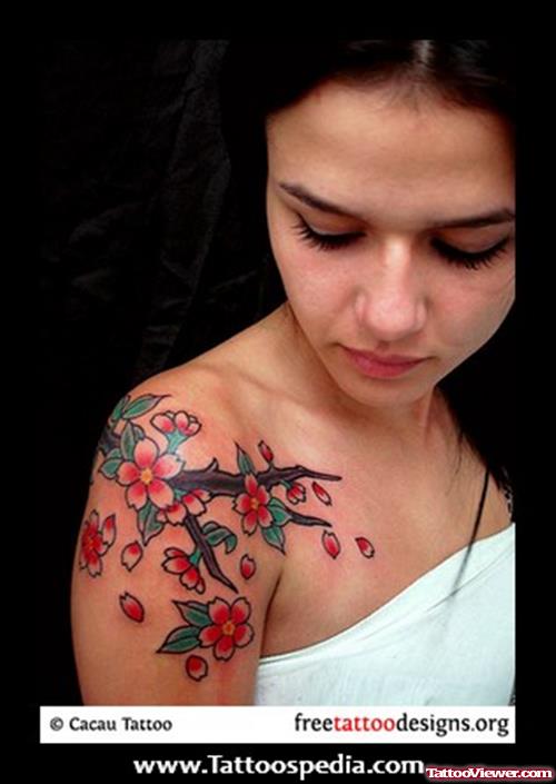 Cherry Blossom Flowers Tattoo On Right Shoulder For Women