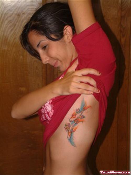 Attractive Grey Ink Flowers Women Side Rib Tattoo