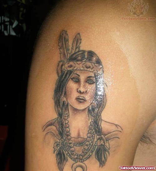 Grey Ink Native Right Shoulder Women Tattoo