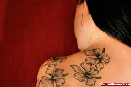 Amazing Grey Ink Flowers Tattoos On Back Shoulder For Women
