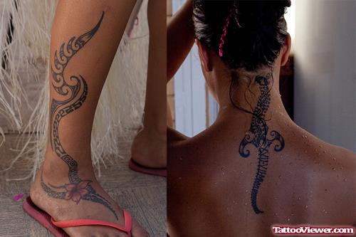 Tribal Tattoo On Upperback And Ankle For Women