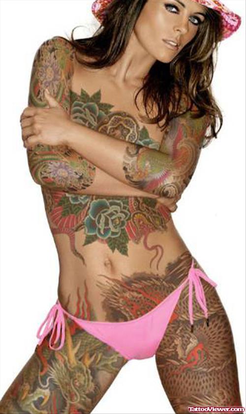 Rose Flowers And Drgaon Women Body Tattoo