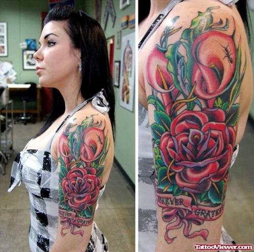 Red Rose Flower And Banner Women Half Sleeve Tattoo