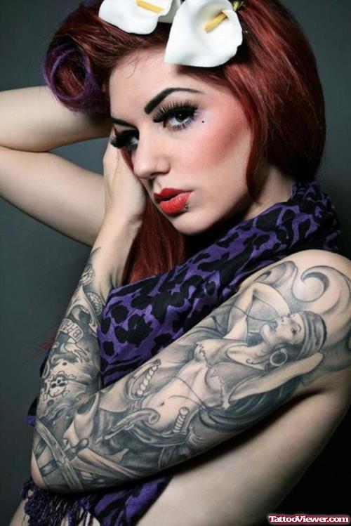 Grey Ink Girl Left Sleeve Women Tattoo