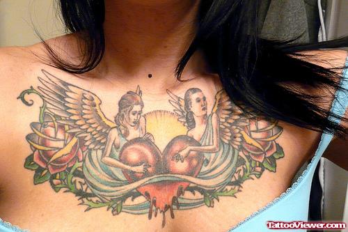 Angel Womens With Heart Chest Tattoo