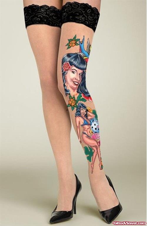 Women Tattoo On Left Leg
