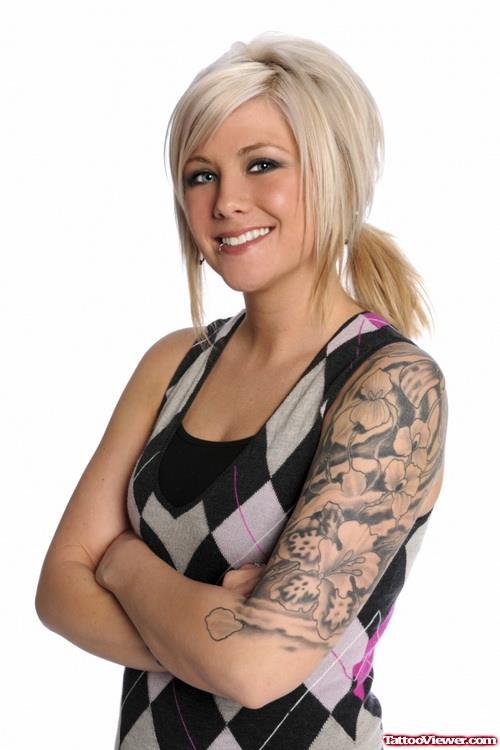 Grey Ink Flowers Half Sleeve Women Tattoo