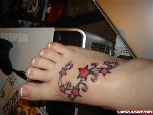 Amazing Red Stars Tattoo On Right Foot For Women