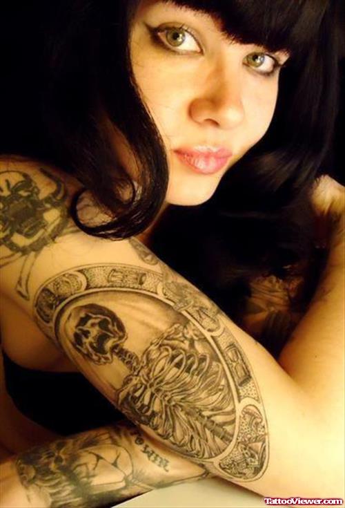 Grey Ink Skeleton Women Tattoo