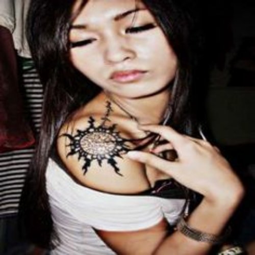 Tribal Sun Tattoo On Shoulder For Women