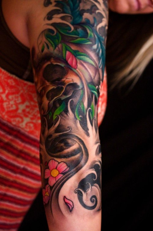 Skull And Colored Flowers Women Sleeve Tattoo