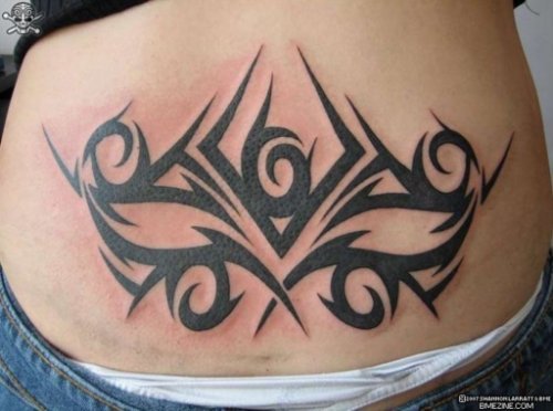 Black Ink Tribal Women Tattoo On Back