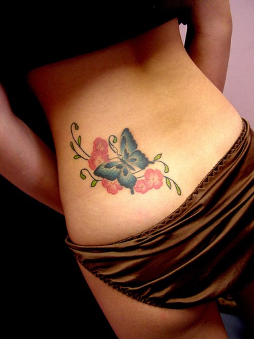 Flower And Butterfly Tattoo On Girl Lowerback