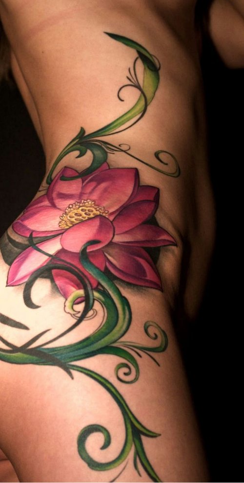 Green Tribal And Lotus Flower Tattoo For Women