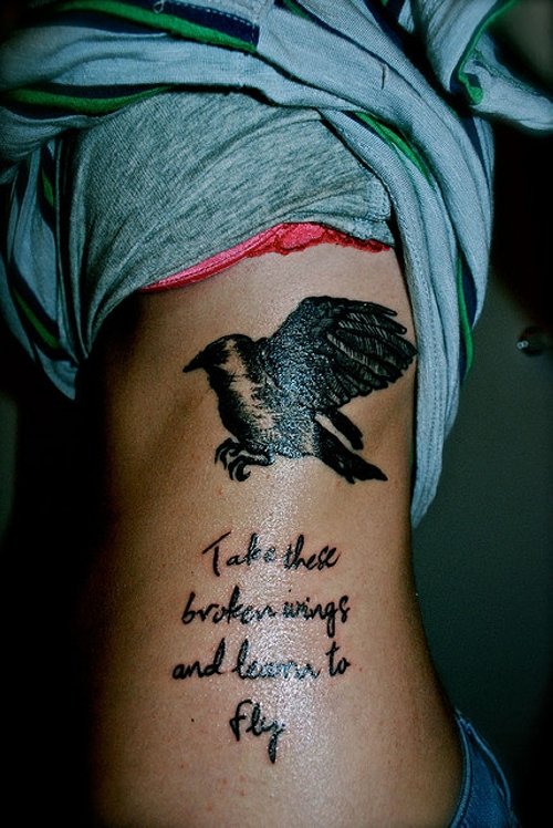 Quote And Flying Bird Side Rib Women Tattoo