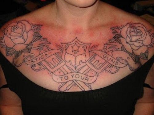 Outline Rose Flowers And Pistols Women Chest Tattoo
