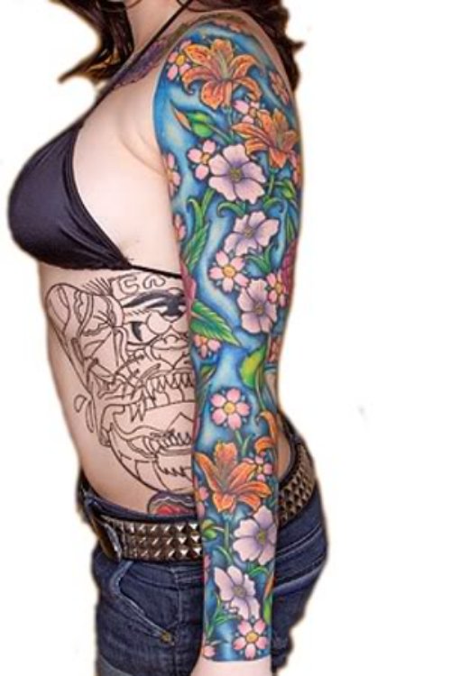 Amazing Colored Flowers Women Tattoo On Sleeve