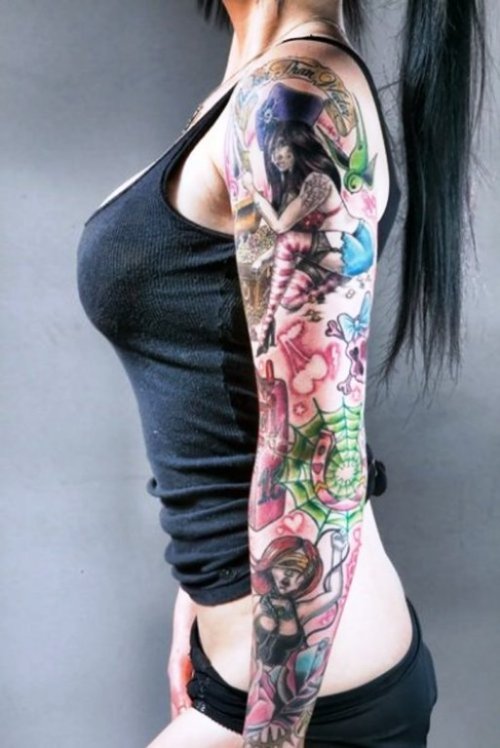 Awesome Colored Left Sleeve Tattoo For Women