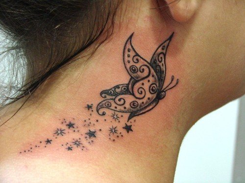 Cute Flying Butterfly Women Tattoo On Neck