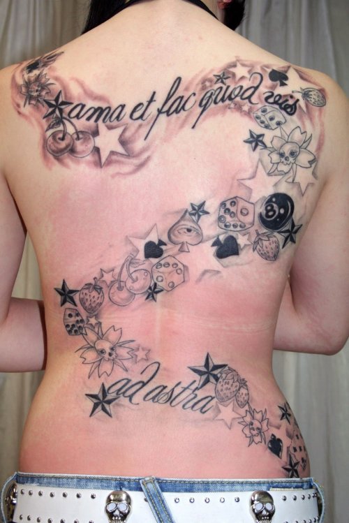 Stars And Dice Women Tattoo On Back