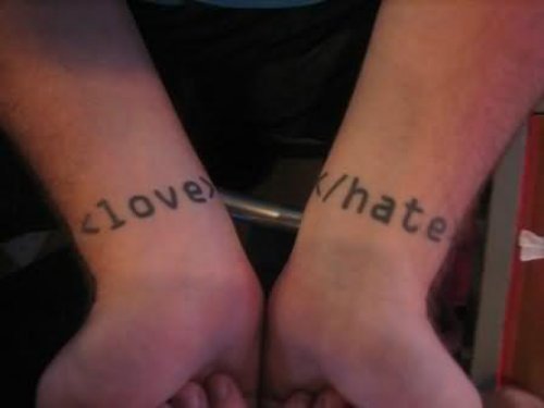 Love And Hate Tattoo On Wrist