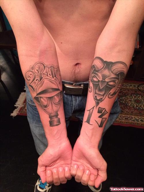 mask with hat and goat demon tattoo on wrist