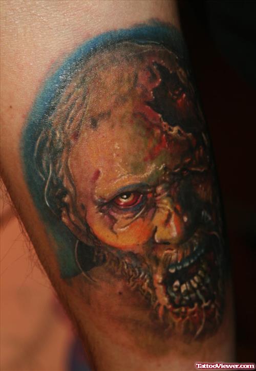 Zombie Face Tattoo On Bicep